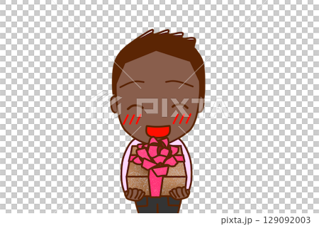 （上半身正面）お祝いの花束を笑顔で渡そうとするアフリカ系少年 129092003