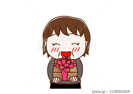 （上半身正面）お祝いの花束を笑顔で渡そうとする太った女性 129092004