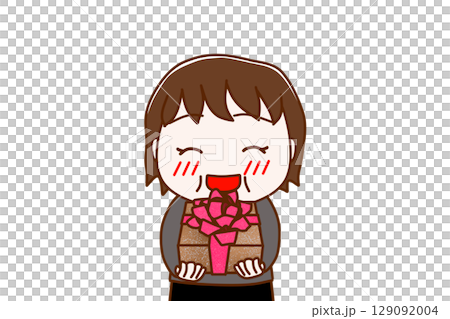 （上半身正面）お祝いの花束を笑顔で渡そうとする太った女性 129092004