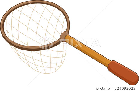 Cartoon illustration of a net with a long handle, often used for catching Cartoon illustration of a net with a long handle, often used for catching 129092025
