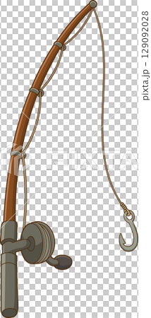 A fishing rod with a curved wooden handle and a metal fishing hook. A fishing rod with a curved wooden handle and a metal fishing hook. 129092028