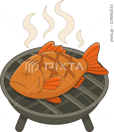 Grilled Fish on BBQ, Cartoon Illustration with Orange Scales and Steam Grilled Fish on BBQ, Cartoon Illustration with Orange Scales and Steam 129092033