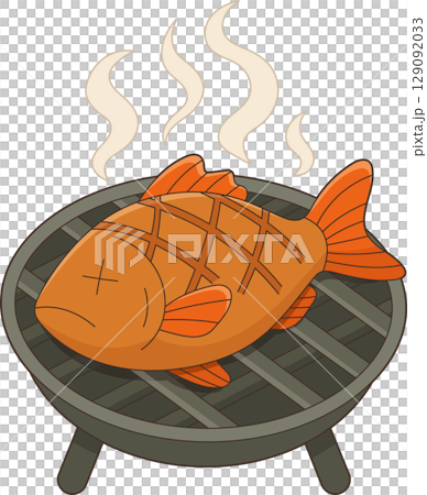 Grilled Fish on BBQ, Cartoon Illustration with Orange Scales and Steam 129092033