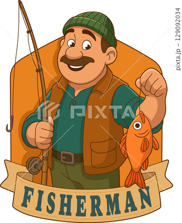Cartoon man holding a fish he caught using a fishing rod and reel Cartoon man holding a fish he caught using a fishing rod and reel 129092034