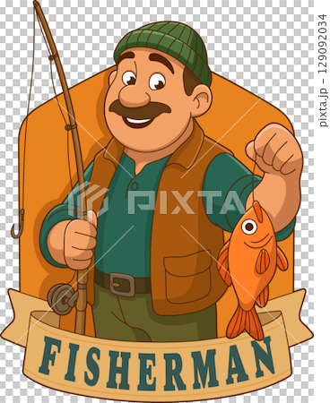 Cartoon man holding a fish he caught using a fishing rod and reel 129092034