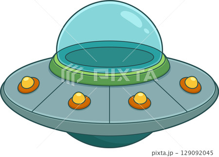Cartoon UFO with a transparent dome and several light-up button features. Cartoon UFO with a transparent dome and several light-up button features. 129092045