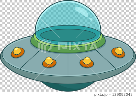 Cartoon UFO with a transparent dome and several light-up button features. Cartoon UFO with a transparent dome and several light-up button features. 129092045