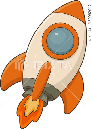 Cartoon rocket launching into space with vibrant colors and exciting flames. 129092047