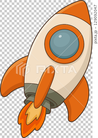 Cartoon rocket launching into space with vibrant colors and exciting flames. 129092047