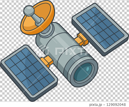 Isometric Satellite orbiting in space with solar panels and radar antenna. 129092048