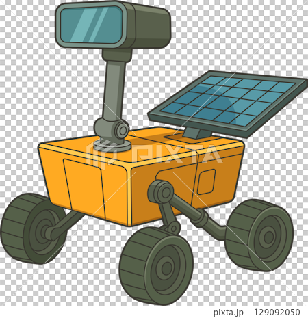 Cartoon rover robot with solar panel and camera, exploring unknown terrain. Cartoon rover robot with solar panel and camera, exploring unknown terrain. 129092050