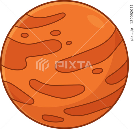 Cartoon illustration of a spherical orange planet with darker orange bands. 129092051