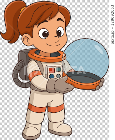 Cartoon girl in an astronaut suit, preparing for an outer space adventure. 129092053