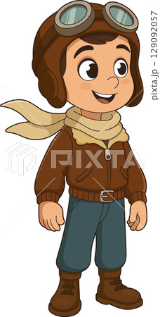 Cartoon aviator boy with goggles, ready for adventure, smiling brightly. 129092057