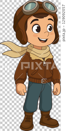 Cartoon aviator boy with goggles, ready for adventure, smiling brightly. 129092057
