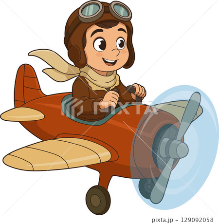 Cartoon boy pilot flies a vintage propeller airplane with big smile. 129092058