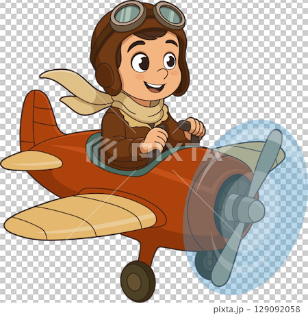 Cartoon boy pilot flies a vintage propeller airplane with big smile. 129092058