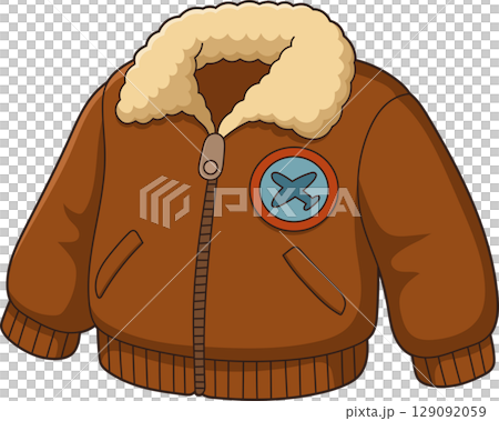 Brown aviator jacket with fur collar and plane patch on a black background 129092059