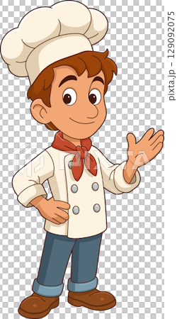 Cartoon chef character standing with welcoming hand gesture and gentle smile. 129092075