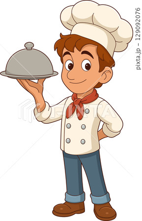 Cartoon chef presenting covered dish, wearing uniform, isolated on black. Cartoon chef presenting covered dish, wearing uniform, isolated on black. 129092076