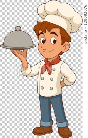 Cartoon chef presenting covered dish, wearing uniform, isolated on black. Cartoon chef presenting covered dish, wearing uniform, isolated on black. 129092076