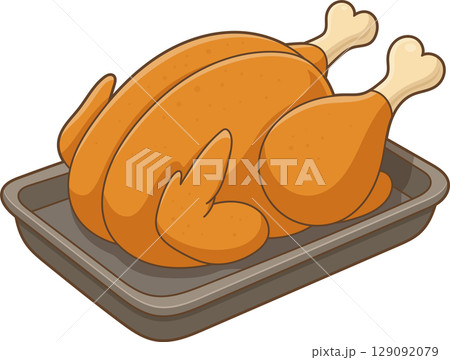 Roasted bird on a cooking pan: perfect for family dinner or holiday meals. 129092079