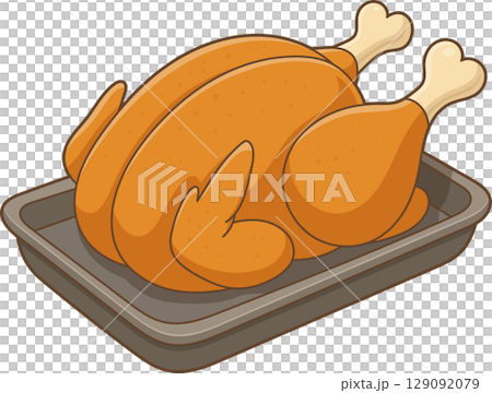 Roasted bird on a cooking pan: perfect for family dinner or holiday meals. 129092079