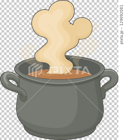 Steaming pot of soup or stew with a grey metal cooking pot and steam swirls 129092081