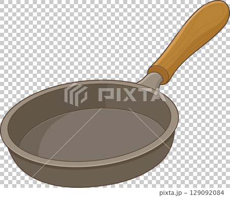 Illustration of a frying pan with a wooden handle on a black background. 129092084