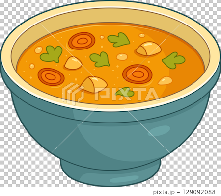 Bowl of warm, comforting cartoon soup with vegetables, herbs, and broth. Bowl of warm, comforting cartoon soup with vegetables, herbs, and broth. 129092088