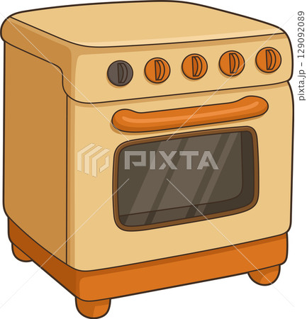 Illustration of a yellow-orange kitchen oven for cooking and baking food. 129092089