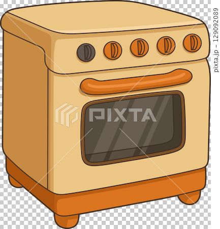 Illustration of a yellow-orange kitchen oven for cooking and baking food. 129092089