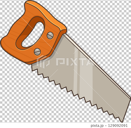 A cartoon hand saw with a wooden handle and a sharp, toothed metal blade. 129092091