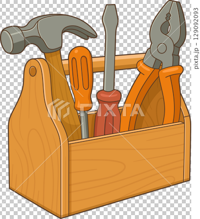 Cartoon toolbox filled with a hammer, screwdrivers, and a pair of pliers. Cartoon toolbox filled with a hammer, screwdrivers, and a pair of pliers. 129092093