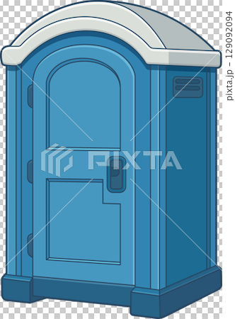 A cartoon styled portable restroom, typically found at events or construction. 129092094