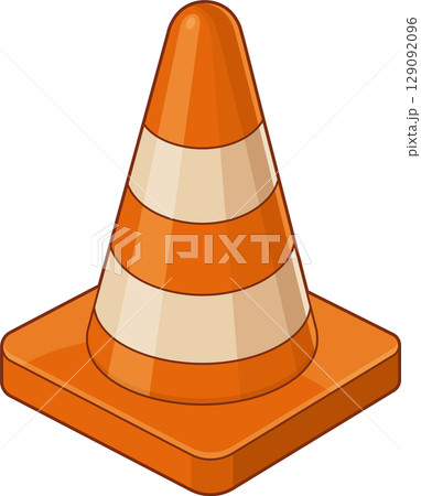 An orange and white striped traffic safety cone with a square base. An orange and white striped traffic safety cone with a square base. 129092096