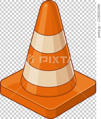 An orange and white striped traffic safety cone with a square base. 129092096