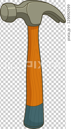 Illustrated hammer with a wooden handle and a gray metal head is centered. 129092099