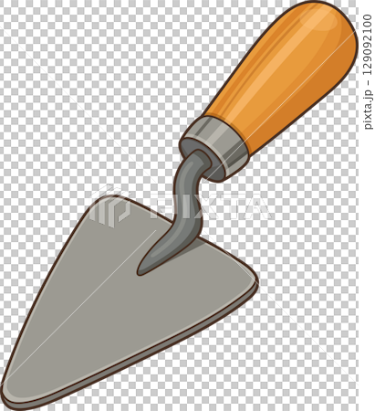 A metal trowel with a wooden handle against a stark black backdrop. 129092100