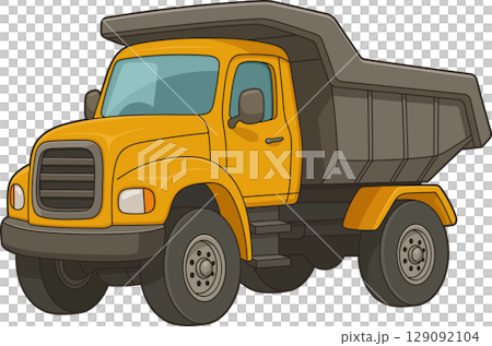Cartoon yellow dump truck with grey bed designed for construction and hauling. 129092104