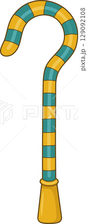 Cartoon walking stick with blue and gold bands, against a black background. 129092108