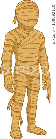 Cartoon Mummy Figure Wrapped in Bandages on a Dark Background 129092110
