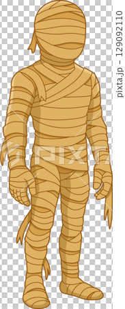 Cartoon Mummy Figure Wrapped in Bandages on a Dark Background 129092110