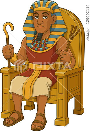 Cartoon depiction of an Egyptian pharaoh sitting on a golden throne. 129092114