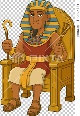 Cartoon depiction of an Egyptian pharaoh sitting on a golden throne. 129092114