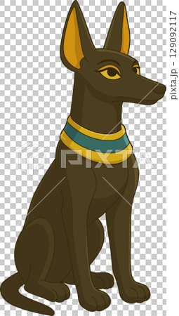Seated jackal with striking golden eyes and ornate collar stands proud. Seated jackal with striking golden eyes and ornate collar stands proud. 129092117