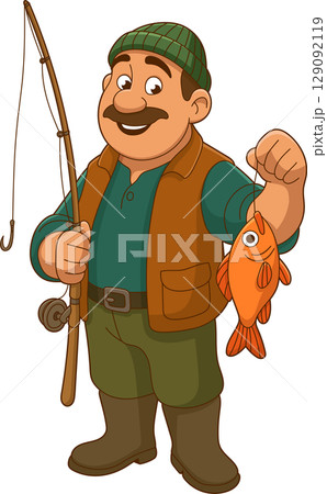 Cartoon Fisherman with Fish: A depiction of an outdoorsy fishing enthusiast. Cartoon Fisherman with Fish: A depiction of an outdoorsy fishing enthusiast. 129092119