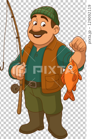 Cartoon Fisherman with Fish: A depiction of an outdoorsy fishing enthusiast. Cartoon Fisherman with Fish: A depiction of an outdoorsy fishing enthusiast. 129092119