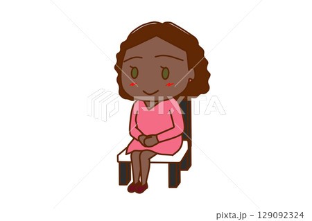 （全身斜め）椅子に笑顔で行儀よく座っているアフリカ系女性 129092324