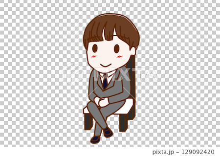 (Full-body angle) A male student sitting on a chair with his legs crossed and smiling 129092420